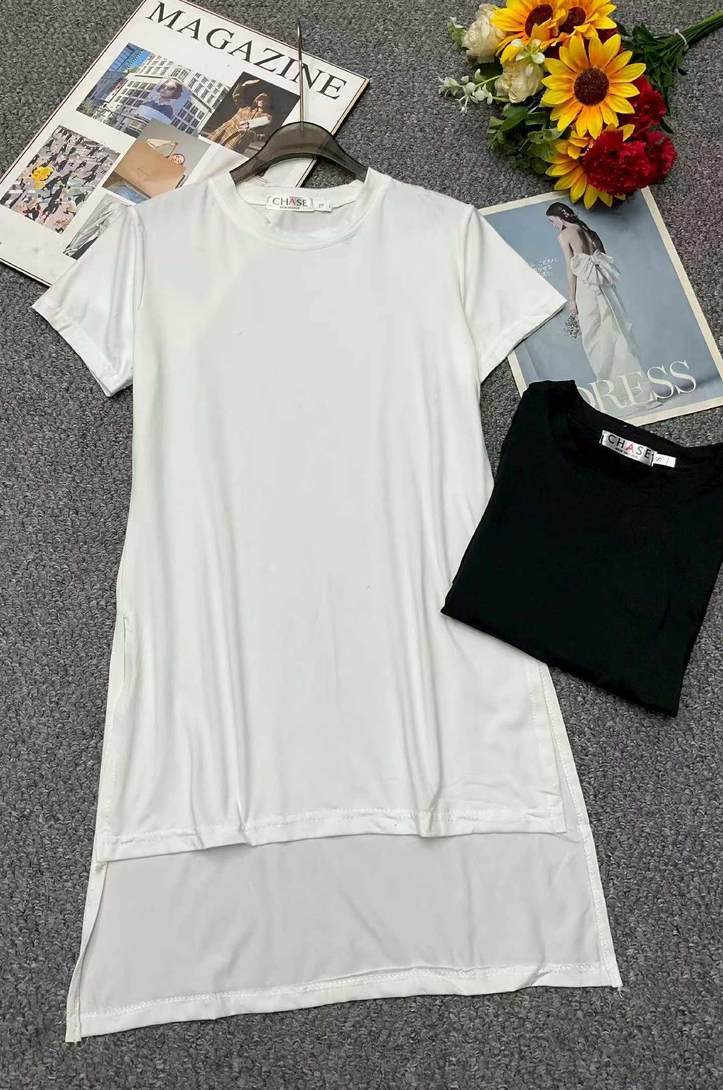 470 Pieces Summer Korean Style Solid Color Slim Fit Stretch Slit Mid-length Crew Neck Short Sleeve T-shirts Bulk Stock Clearance - Image 1