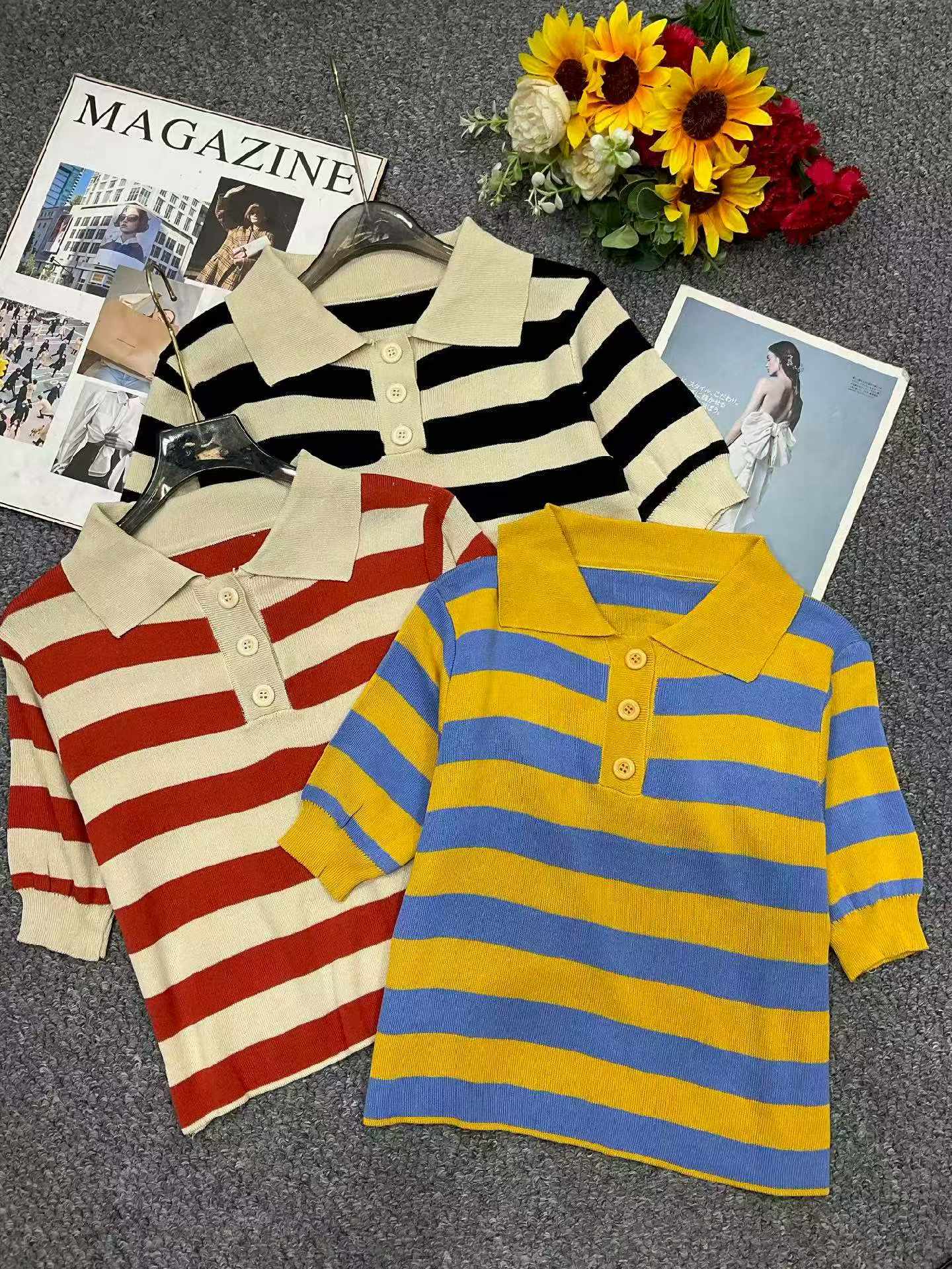 Summer New Contrast Color Stripe Polo Collar Knit Short Sleeve Tops - 376 Pieces Bulk Stock Wholesale - Image 1