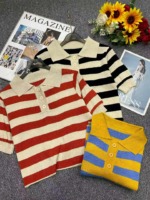 Summer New Contrast Color Stripe Polo Collar Knit Short Sleeve Tops - 376 Pieces Bulk Stock Wholesale - Image 8