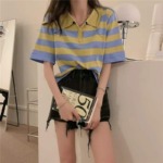 Summer New Contrast Color Stripe Polo Collar Knit Short Sleeve Tops - 376 Pieces Bulk Stock Wholesale - Image 4
