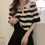 Summer New Contrast Color Stripe Polo Collar Knit Short Sleeve Tops - 376 Pieces Bulk Stock Wholesale - Image 3