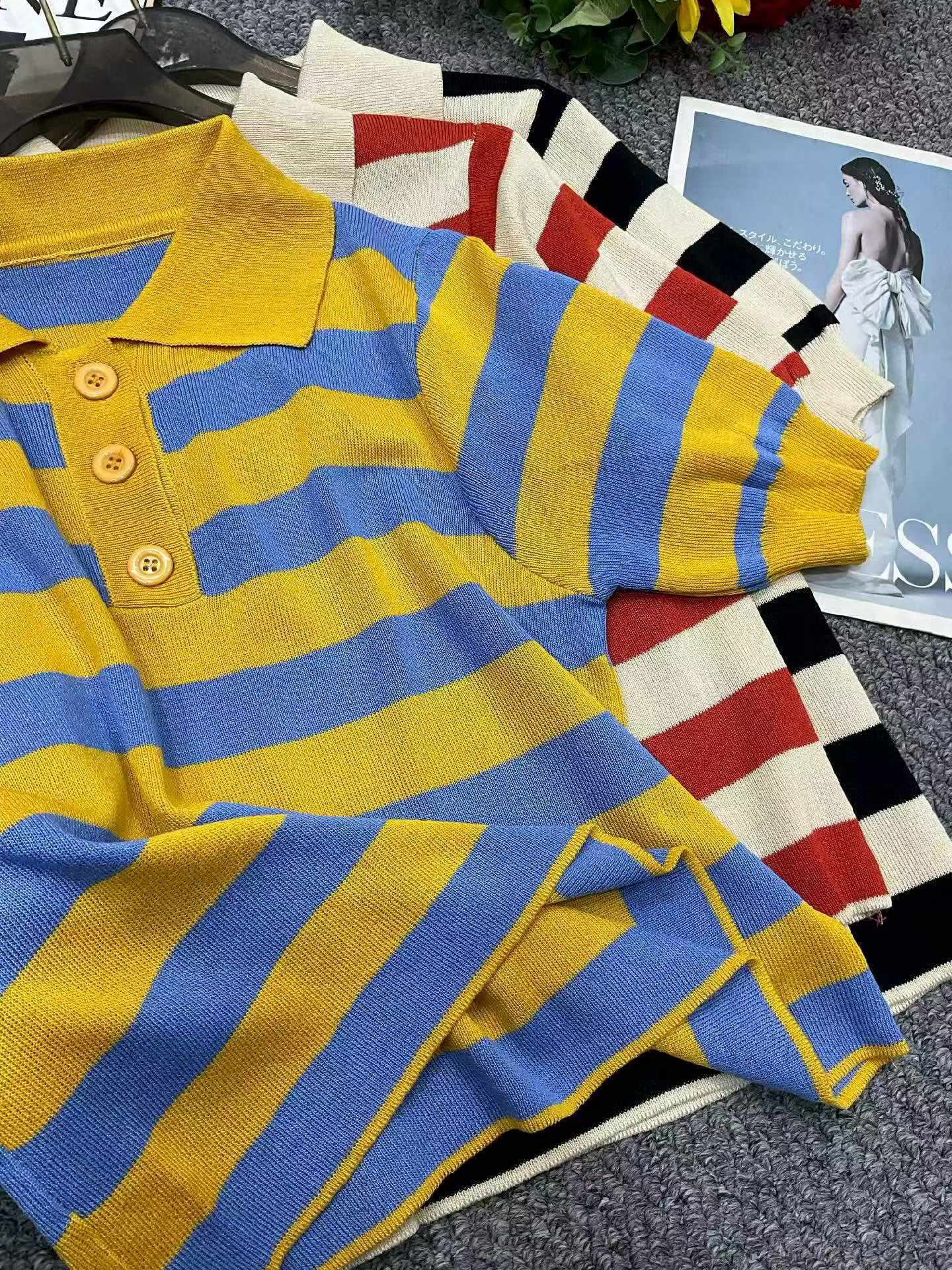 Summer New Contrast Color Stripe Polo Collar Knit Short Sleeve Tops - 376 Pieces Bulk Stock Wholesale - Image 2