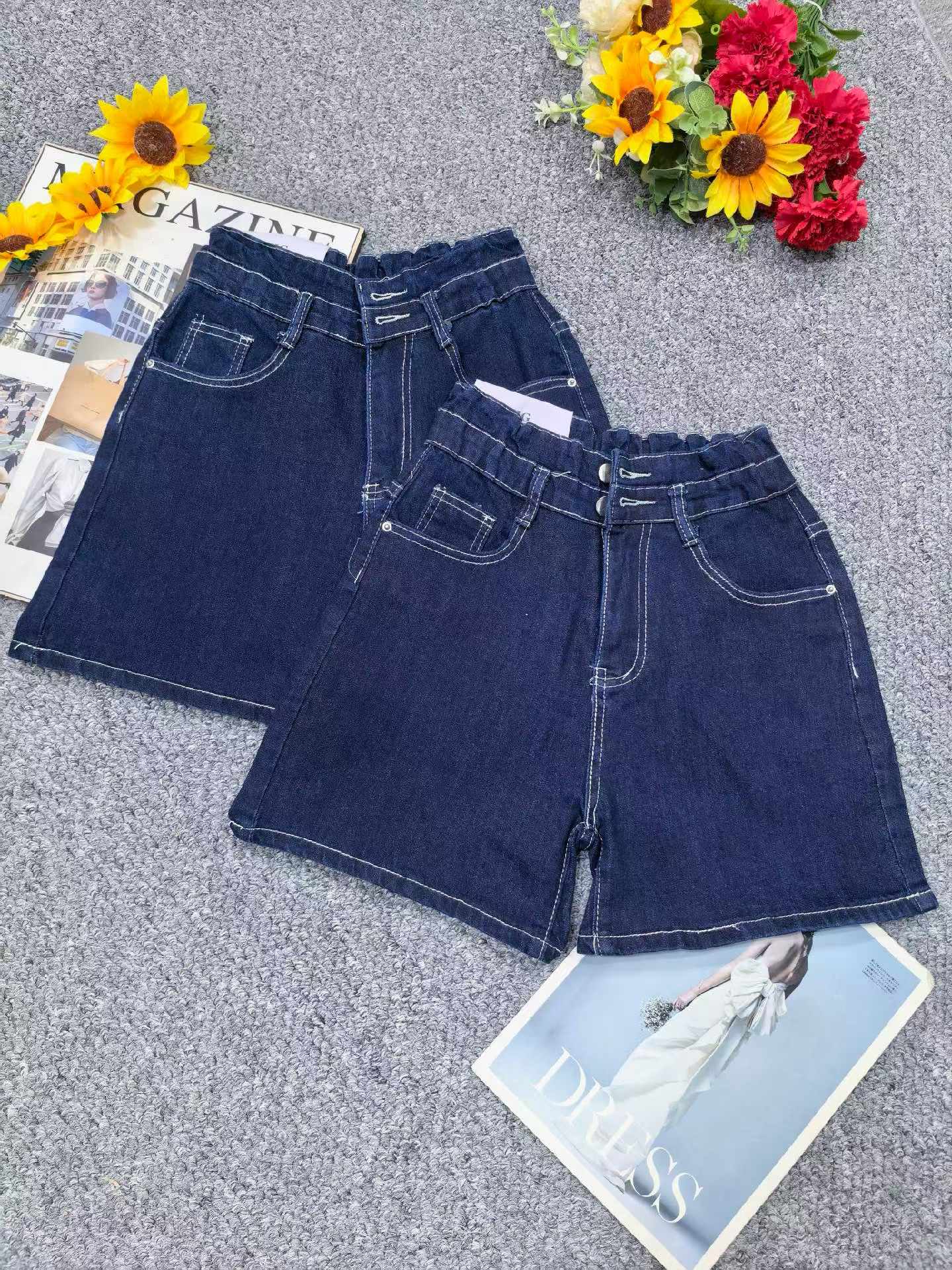 Summer New Arrival High Waist High Stretch Dark Blue Multi-button Wide Leg Denim Shorts, Individually Packaged, Around 210 Pieces Bulk Clearance - Image 1
