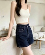 Summer New Arrival High Waist High Stretch Dark Blue Multi-button Wide Leg Denim Shorts, Individually Packaged, Around 210 Pieces Bulk Clearance - Image 4
