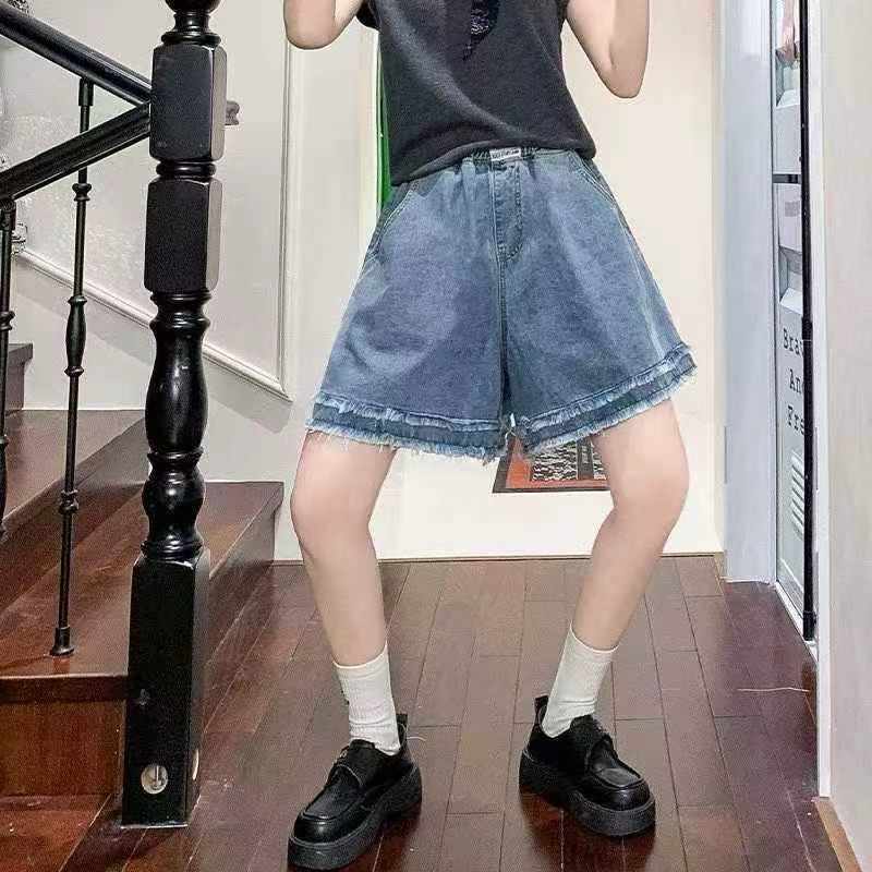 Frayed Hem A-Line Summer Thin Loose High Waist Wide Leg Denim Shorts For Women 196 Pieces - Image 1