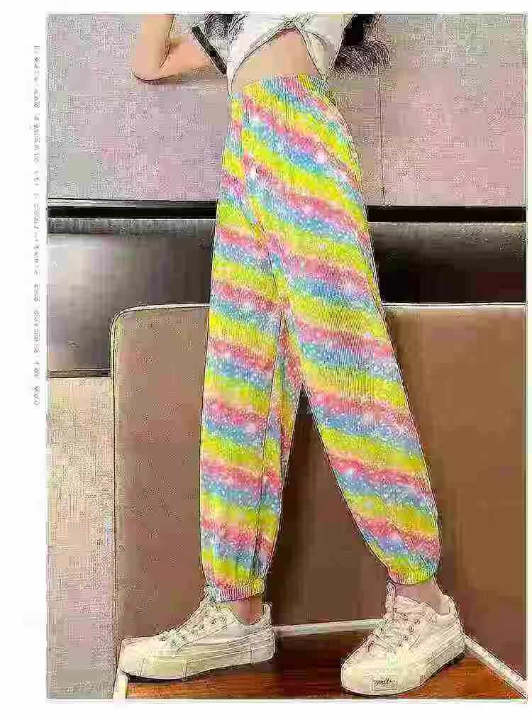 192 Pieces Girls Summer Colored Ice Silk Quick Dry Casual Cuffed Elastic Waist Pants, Sizes 100-170 Bulk Stock - Image 1