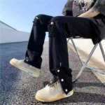 155 Pcs Summer Men's Black Ripped Jeans European American High Street Zipper Straight Wide Leg Floor-length Pants Bulk Stock - Image 1