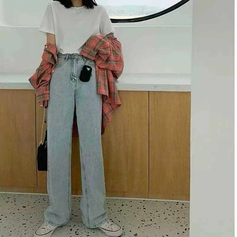 50 Pcs Women's American Vintage Washed Light Blue Loose Wide Leg Casual Jeans - Image 1