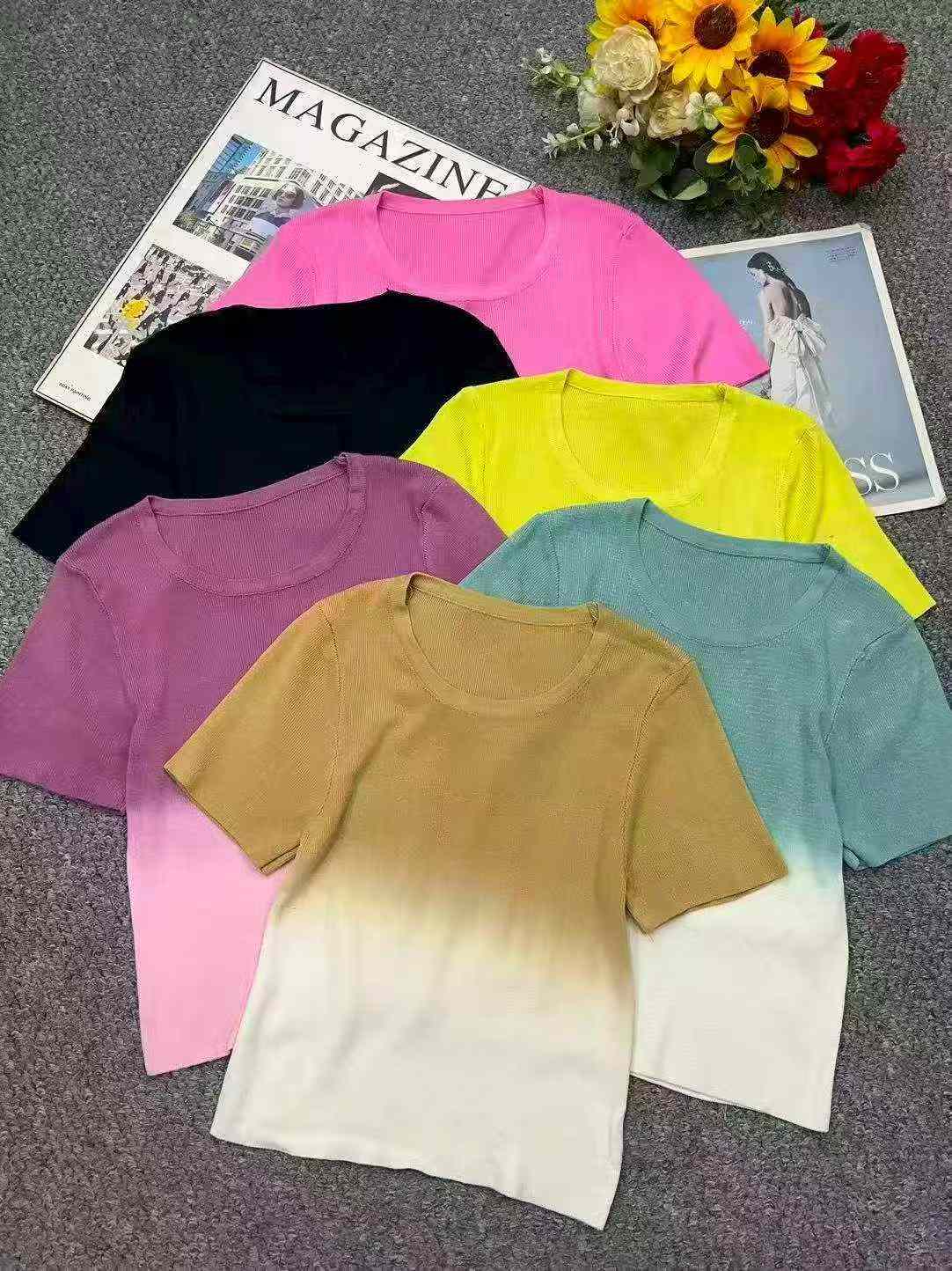 Summer New Gradient Color Crew Neck Ice Silk Knit Short Sleeve T-shirts, 2140 Pieces Bulk Stock Clearance - Image 1