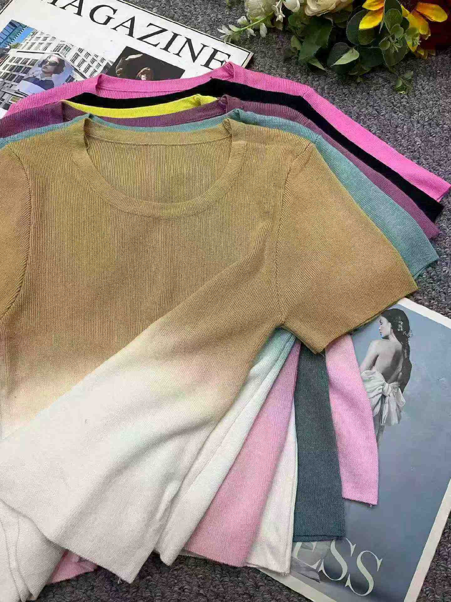 Summer New Gradient Color Crew Neck Ice Silk Knit Short Sleeve T-shirts, 2140 Pieces Bulk Stock Clearance - Image 2