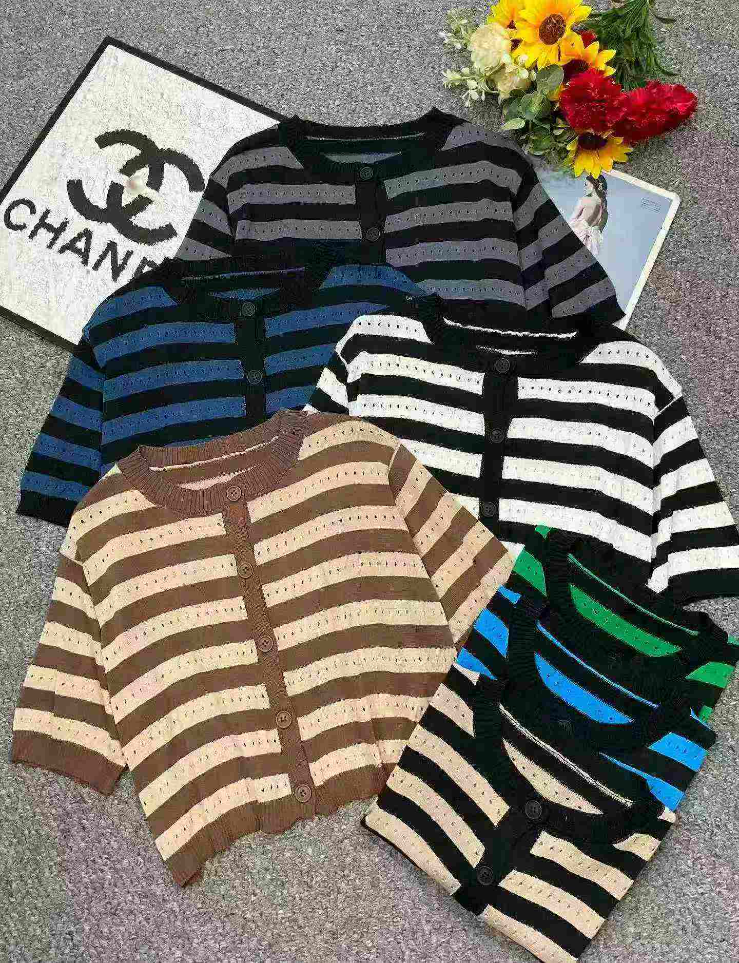 Summer New Contrast Stripe Hollow Knit Short Sleeve Open Cardigan, 238 Pieces Bulk Stock - Image 1