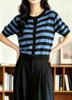 Summer New Contrast Stripe Hollow Knit Short Sleeve Open Cardigan, 238 Pieces Bulk Stock - Image 7