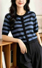 Summer New Contrast Stripe Hollow Knit Short Sleeve Open Cardigan, 238 Pieces Bulk Stock - Image 3