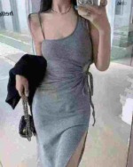 81 Pieces One Shoulder Adjustable Strap Ruched Waist Slit Hem Cami Dress Bulk Stock - Image 5