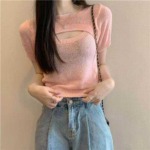 Summer New Irregular Cutout Regular Shoulder Ice Silk Knit Short Sleeve Blouse, 710 Pieces Bulk Stock Clearance Wholesale - Image 6