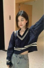 New Spring Autumn Casual College Style V-Neck Twist Cropped Knit Sweater, About 65 Pieces Bulk Stock Lot - Image 5