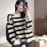 119 Pcs Spring Autumn Vintage Contrast Stripe Loose Long Sleeve Knit Pullover Sweater Wholesale Stock Lot - Image 3