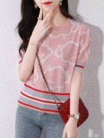Summer New Trendy Contrast Color Heavy Beading Knit Short Sleeve T-Shirt, 360 Pieces Bulk Stock Wholesale - Image 4
