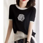 80 Pieces Summer Camellia Korean Style Loose Versatile Color-block Knit T-Shirt Stock Clearance - Image 3