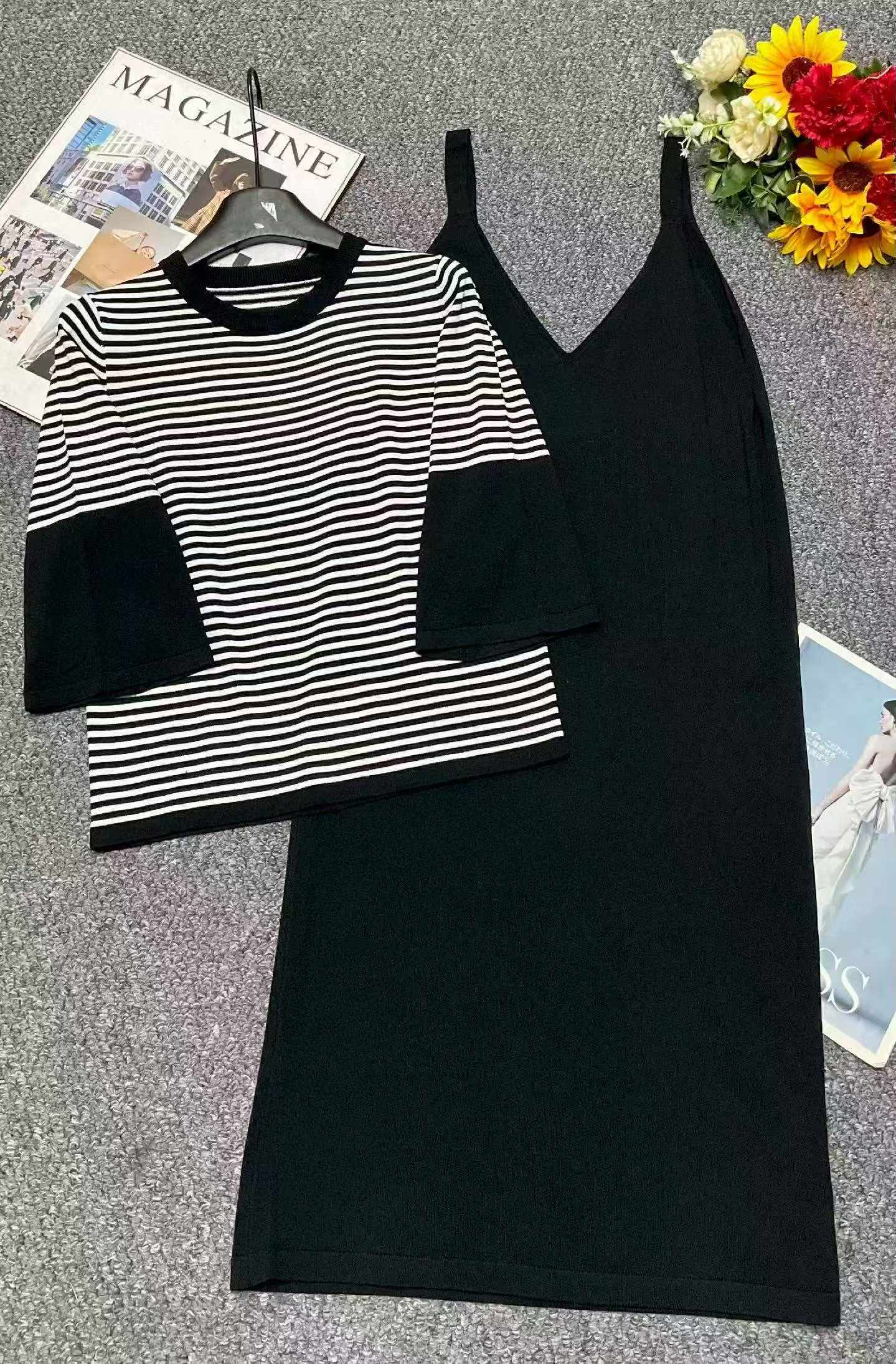 Clearance 63 Sets Spring Summer Korean Style Colorblock Striped Knit 2-Piece Outfit One Size - Image 1