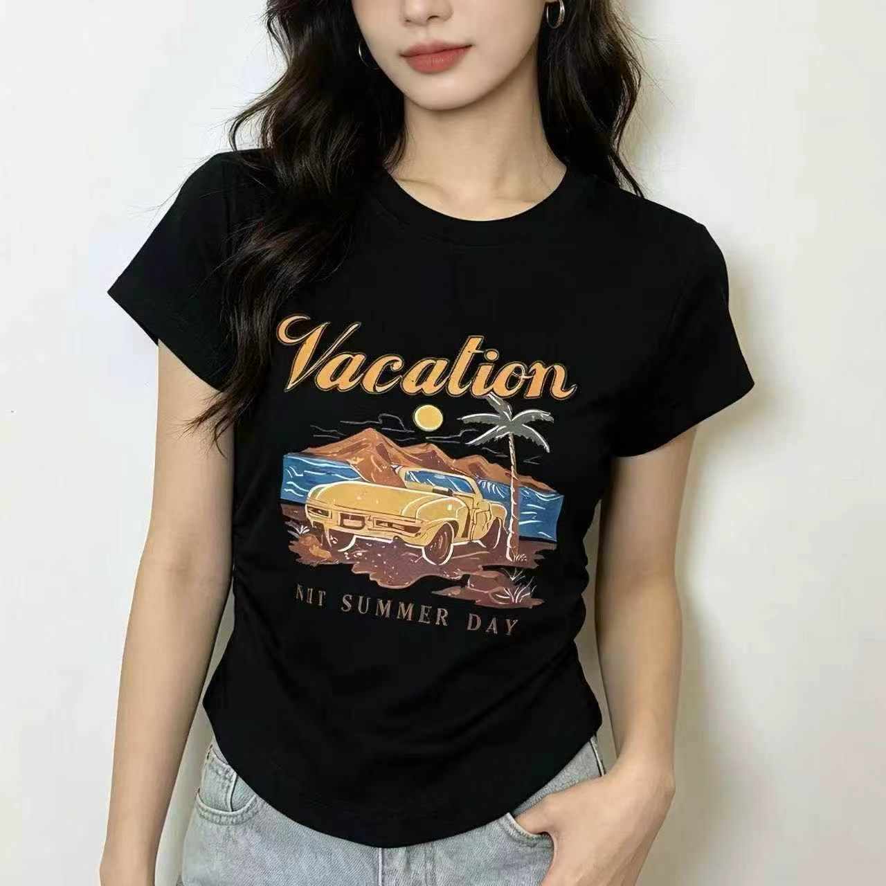 500 Pieces High Stretch American Retro Irregular High Waist Slim Short Sleeve T-Shirts - Image 1