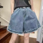 Frayed Hem A-Line Summer Thin Loose High Waist Wide Leg Denim Shorts For Women 196 Pieces - Image 9