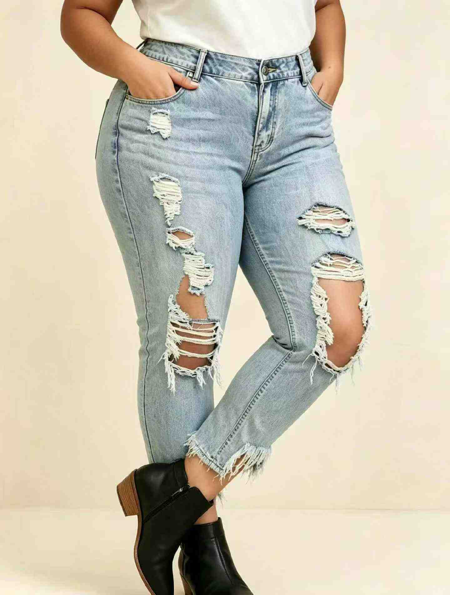 Summer New Branded Original American Style Loose Plus Size Ripped Jeans, 229 Pieces Bulk Stock Wholesale - Image 2